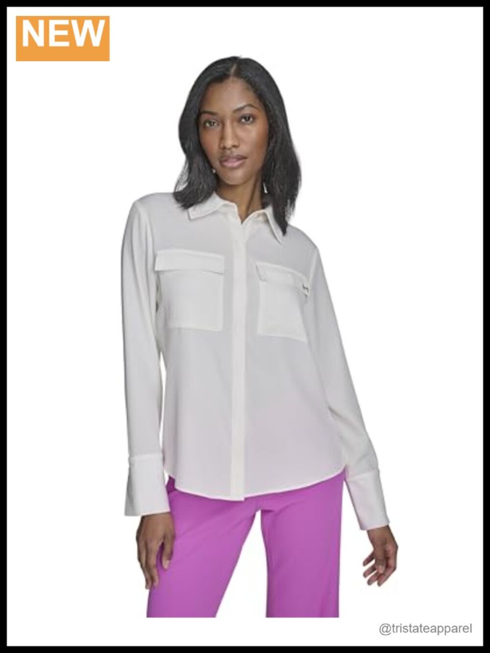 Halston Women's Cream Button Up Blouse with Pockets